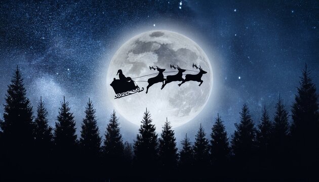 A silhouette of reindeer flying with Santa Claus in a sleigh against a full moon and starry sky over a forest of pine trees 