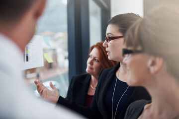 Business, people and office on glass wall with statistics on paper for report, results and...