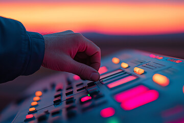 Engineer working on turbine control box at sunset, commitment to renewable energy maintenance after hours