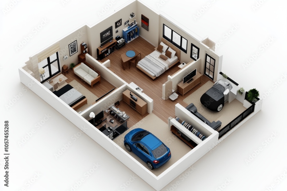 Poster flat 2d illustration of a minimalist apartment floor plan on a white background, with labeled rooms 