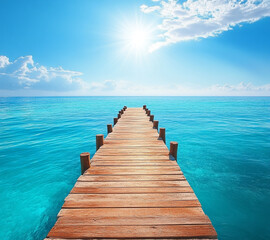 A wooden pier is in front of a beautiful blue ocean. The sky is cloudy, but the water is calm and clear.