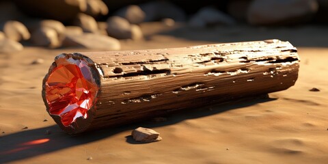 A weathered log with a bright red crystal embedded in the center, casting a warm glow on the surrounding sand