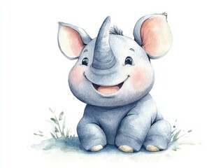 Happy Baby Rhino Watercolor Illustration