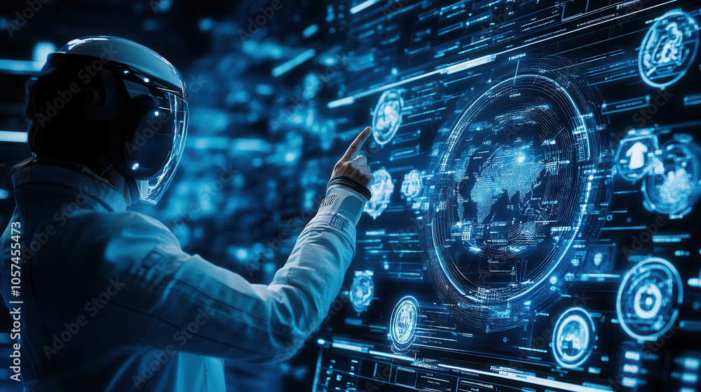 Poster person in futuristic suit interacts with digital interface displaying global data and technology. sc
