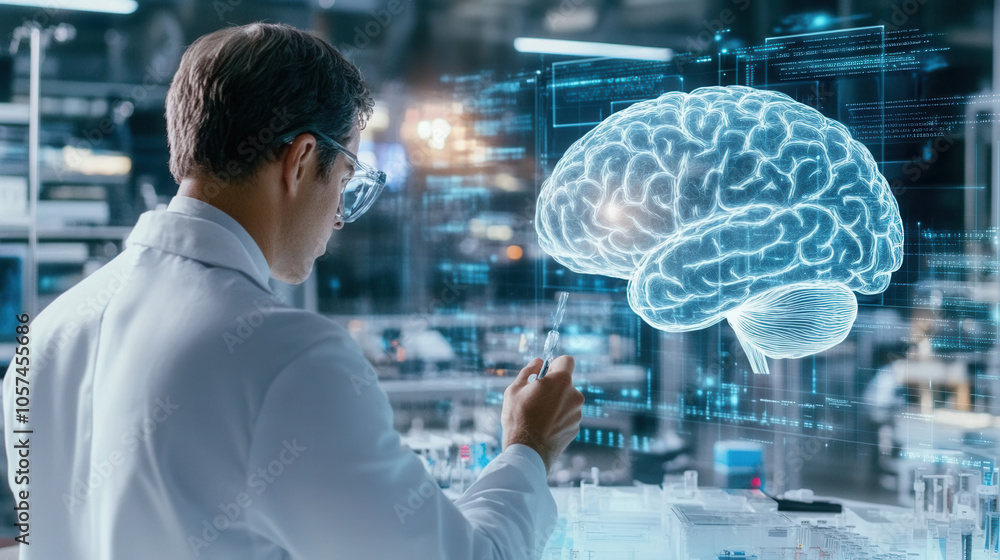 Poster innovative scientist analyzing digital brain model in lab setting, showcasing advanced technology an