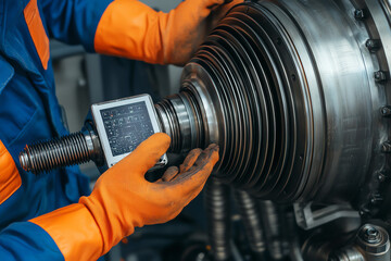 Close-up of engineer's hands using digital interface to adjust turbine settings, showcasing high-tech maintenance