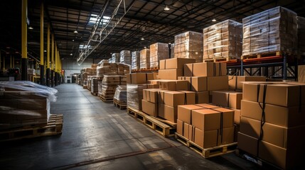 A warehouse interior filled with stacked cardboard boxes, showcasing the organized and efficient nature of a distribution center.