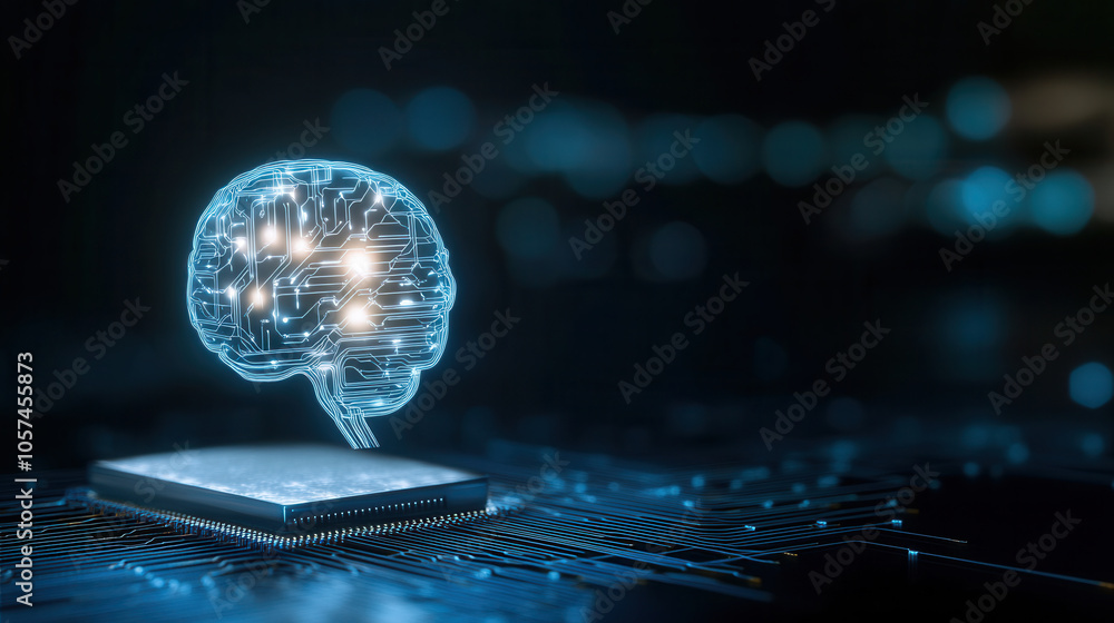 Poster digital brain concept on microchip, representing ai technology and innovation. this futuristic image