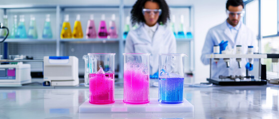Fototapeta premium Scientists Conducting Colorful Experiments in Laboratory