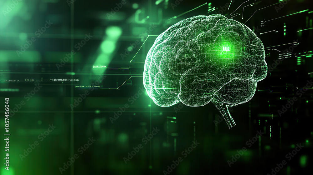 Poster digital representation of brain in green tones, symbolizing technology and innovation. image conveys