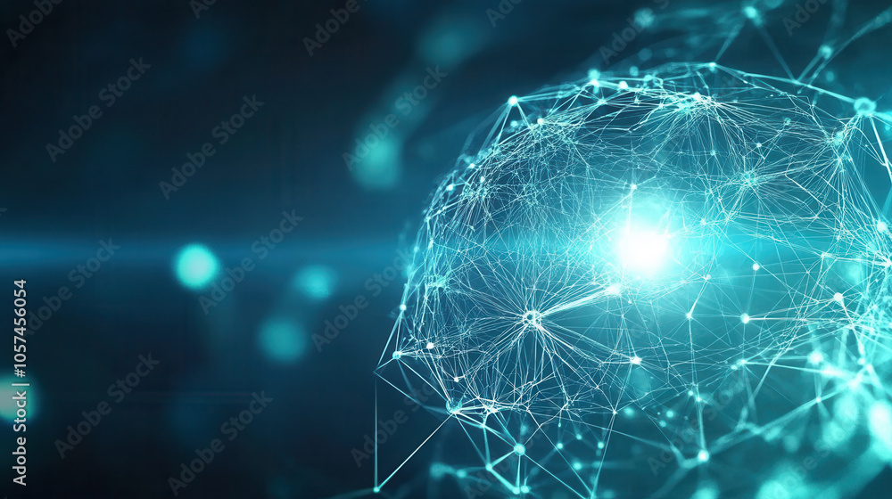 Poster dynamic digital representation of brain with interconnected lines and glowing nodes, symbolizing fut