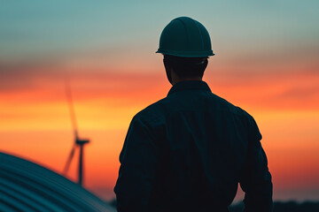 Engineer inspecting turbine blades at sunrise, representing early start for sustainable energy upkeep