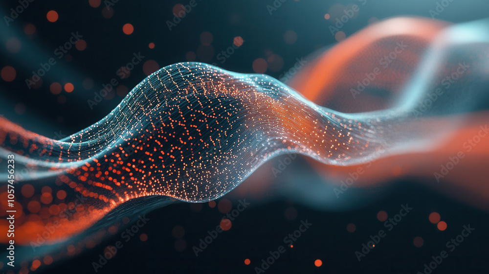 Poster vibrant digital wave with glowing particles, representing technology and innovation. flowing lines c
