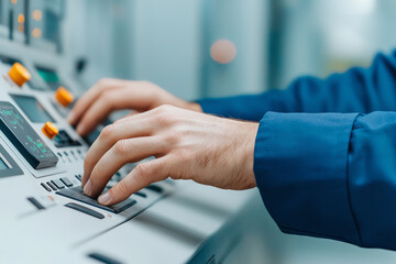 Close-up of engineer's hands using digital interface to adjust turbine settings, showcasing high-tech maintenance