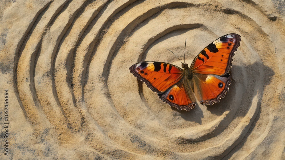 Poster this image depicts a vibrant butterfly in a sand garden with concentric circles. it symbolizes tranq