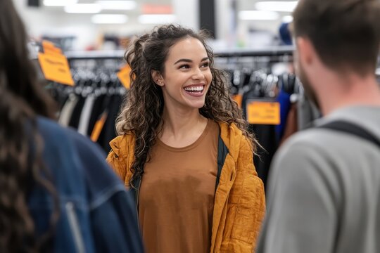 A young woman joyfully interacts with others while shopping in a lively clothing store, wearing a yellow jacket and surrounded by collections of clothing.