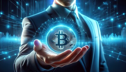 Bitcoin in the Palm of Your Hand: A futuristic image of a businessman holding a glowing Bitcoin globe, symbolizing cryptocurrency's potential and global reach. Perfect for fintech, blockchain.