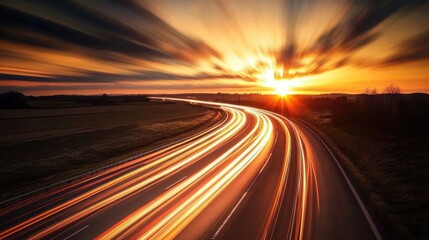 Dynamic long exposure image capturing the essence of driving fast on a highway, with blurred lights conveying speed and motion, including ample copy space for text.