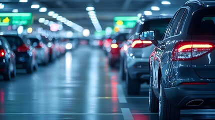 Fototapeta premium Illuminated Nighttime Rental Car Lot at Modern Airport Garage with Diverse Vehicle Selection