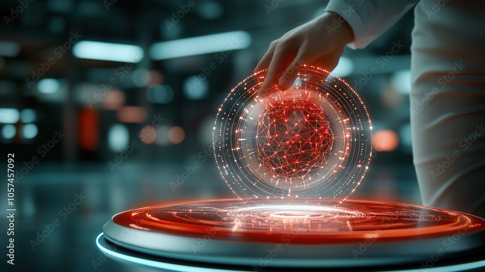 Poster futuristic digital interface showcasing glowing globe with interconnected lines, symbolizing technol