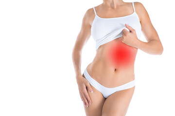 Gastritis, pancreatitis, stomach pain. Female faceless body in white underwear with red highlight...