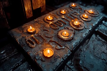 Gothic-style workshop with dark, towering industrial machines and candlelight illuminating the gears, capturing the intense and shadowy ambiance of gothic machinery, symbolizing power and mystery