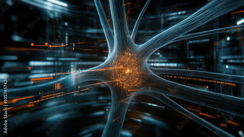 Poster futuristic digital illustration depicting neural network with glowing connections and data flow, rep