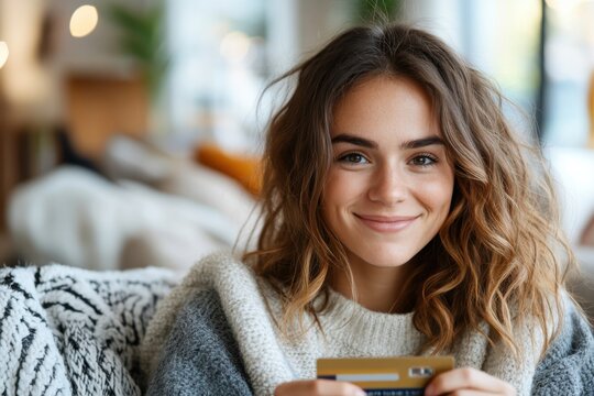 A content woman with wavy hair sits comfortably on a sofa, holding a credit card, surrounded by a relaxed, cozy home interior setting that exudes calmness.