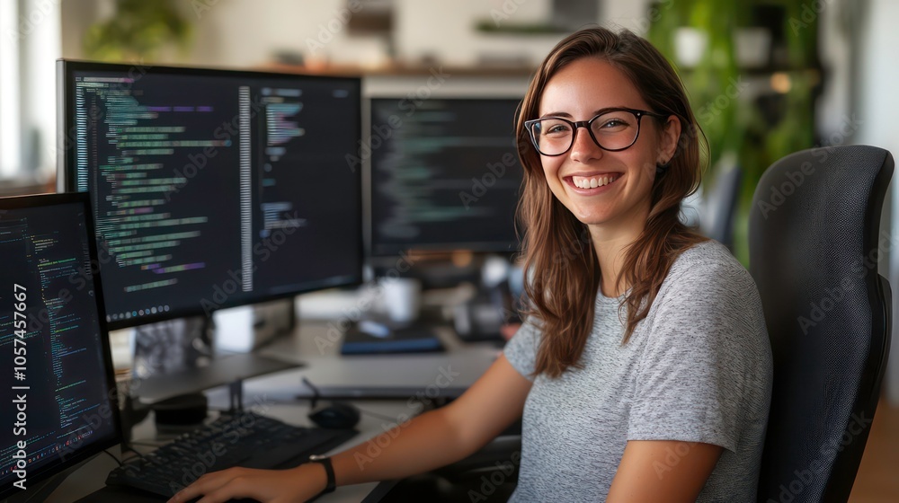 Poster A smiling woman working on coding at a computer desk with multiple monitors.