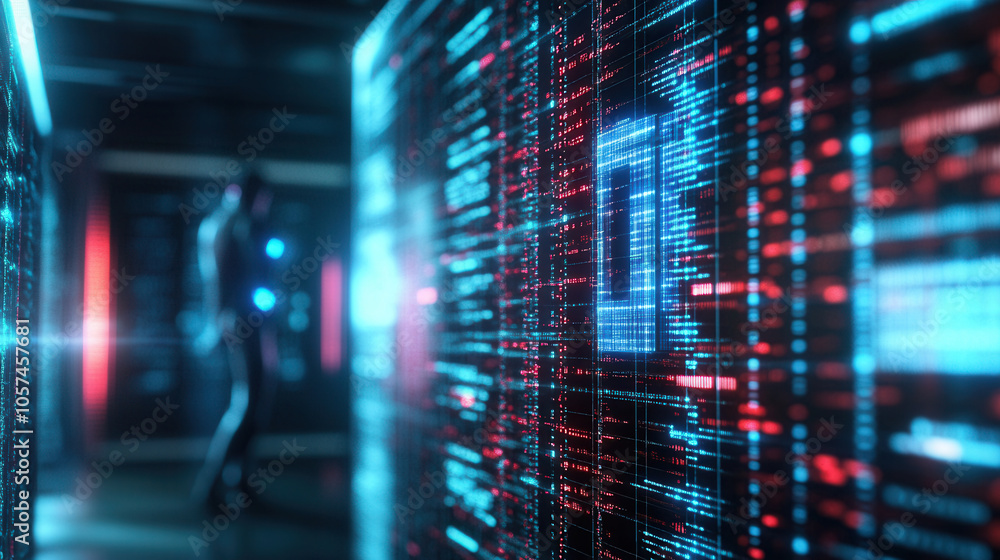 Poster futuristic digital environment showcasing data streams and technology. scene features glowing blue a