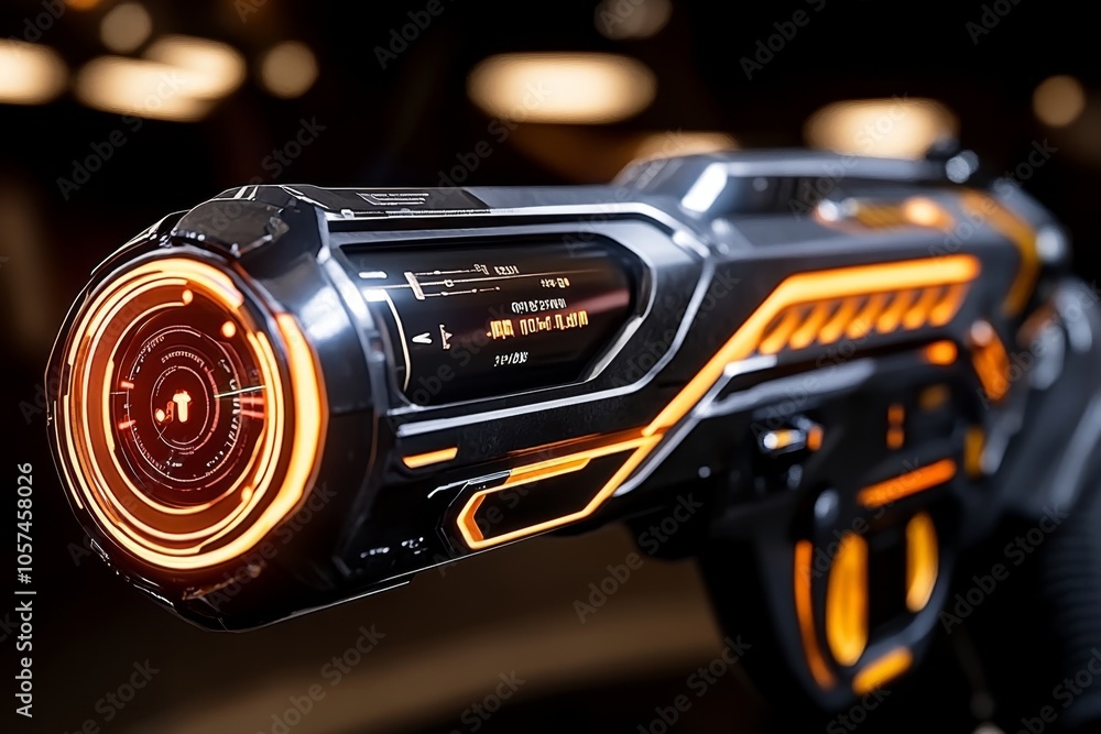 Poster high-tech heat gun used in a cyberpunk lab with holographic screens showing temperature data, symbol