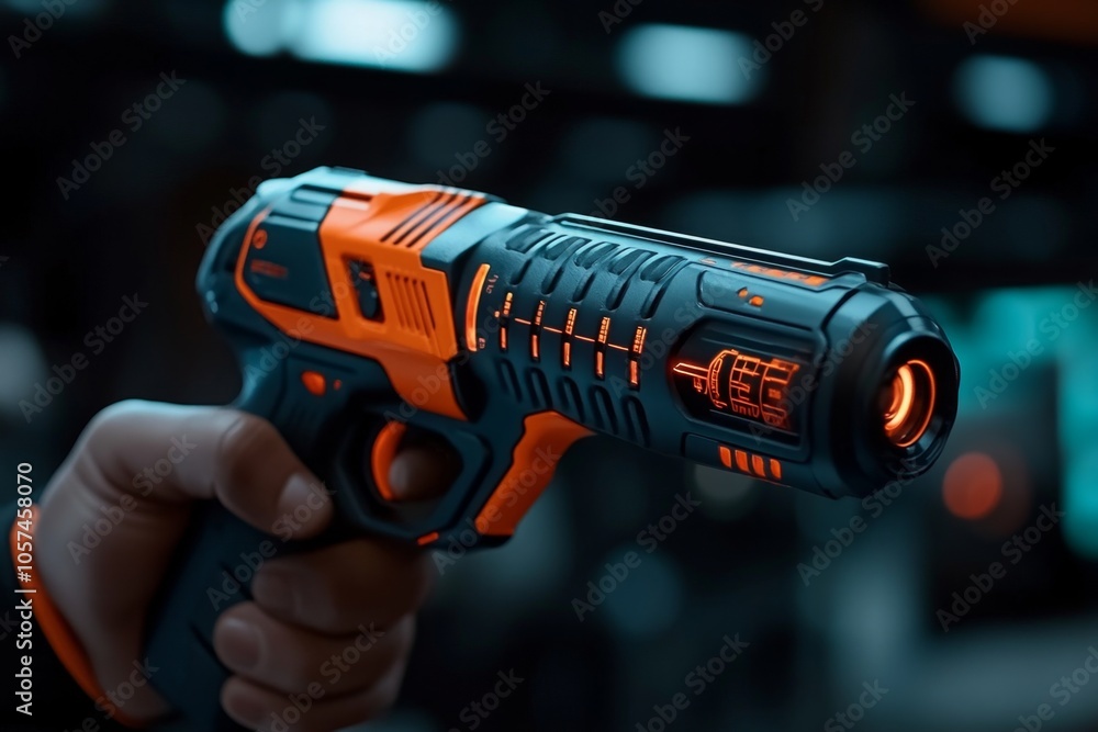 Poster high-tech heat gun used in a cyberpunk lab with holographic screens showing temperature data, symbol