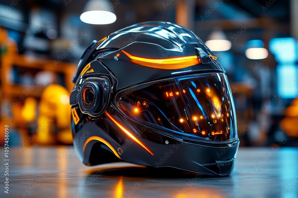 Aufkleber High-tech industrial helmet with built-in sensors and HUD display, capturing the advanced future of protective gear in hazardous environments, symbolizing innovation and safety