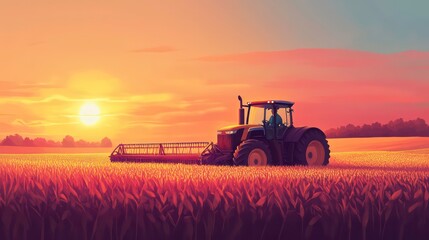 Fototapeta premium A tractor harvesting crops at sunset in a golden field.