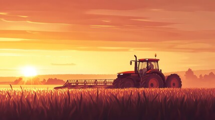 Fototapeta premium This is an illustration of a farmer with a tractor and harvester working in the field. It is a suitable agriculture concept for production. A tractor is on a soybean farm in the spring sunset.
