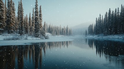 Fototapeta premium Winter Serenity with Snow-Laden Trees and Reflective Water