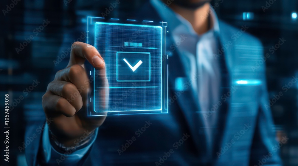 Poster A businessman interacts with a digital interface, confirming an action with a checkmark.