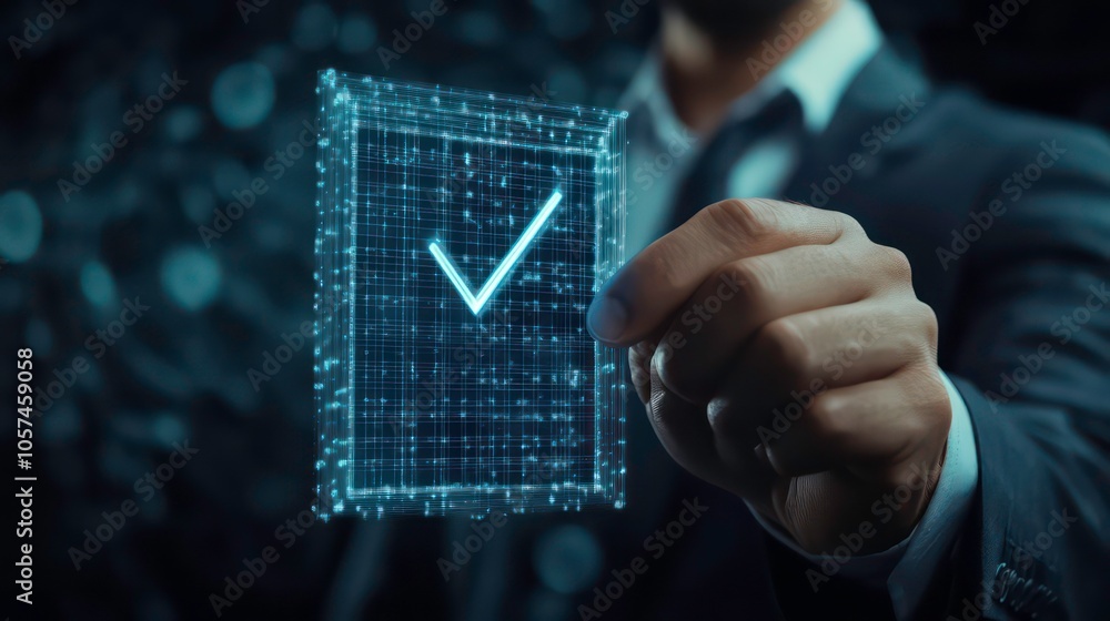 Poster a person holds a digital checkmark symbolizing approval or success in a business context.