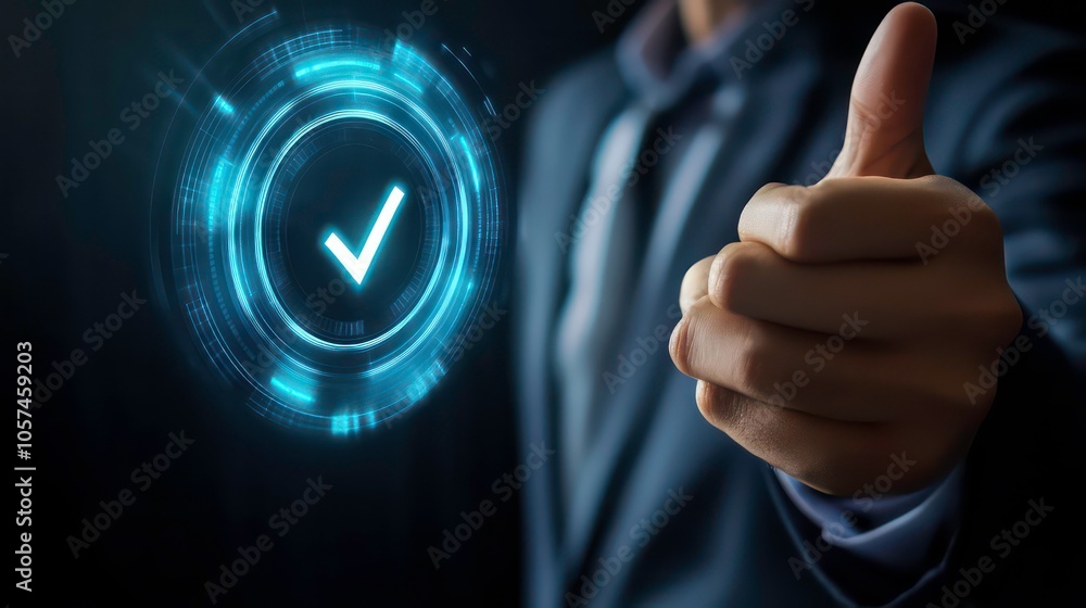 Poster This is the quality document control checklist with the business approval project concept. The businessman ticks off the correct sign mark in the electronic document on the virtual screen