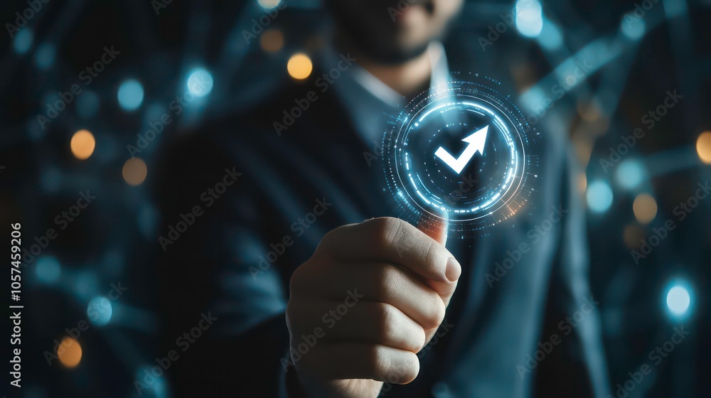 Poster This is the quality document control checklist with the business approval project concept. The businessman ticks off the correct sign mark in the electronic document on the virtual screen