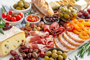 Gourmet charcuterie board with cheese and olives