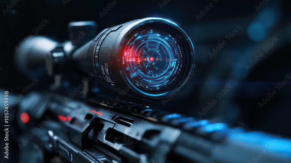 Fototapete close-up of a futuristic rifle scope with a digital display and targeting interface.