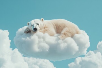 A polar bear is sleeping on a cloud seemingly in a state of deep relaxation