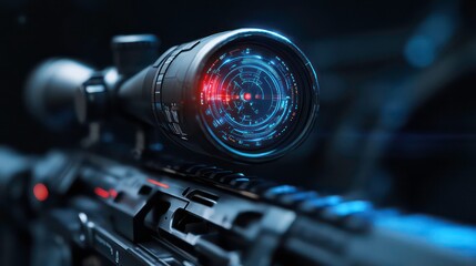 Close-up of a futuristic rifle scope with a digital display and targeting interface.