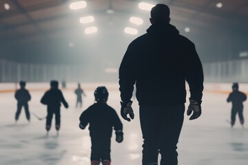 Obraz premium A man is watching a group of children ice skate