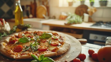 Fresh summer pizza on wooden table in country kitchen