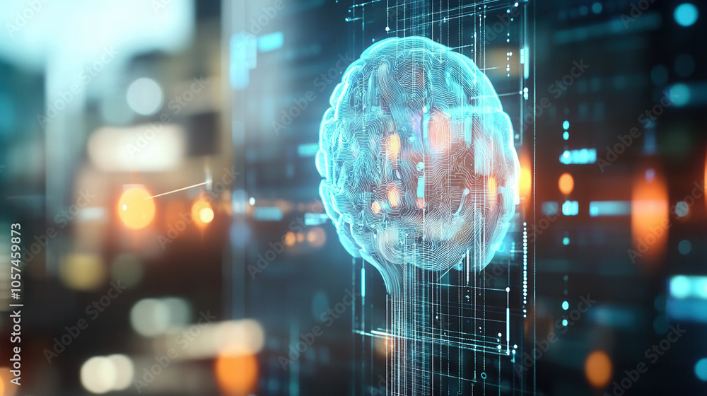 Poster digital brain visualization representing advanced technology and business security, showcasing neura