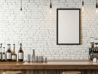 A blank frame hangs above a bar counter with a rustic wooden top and a white brick wall.