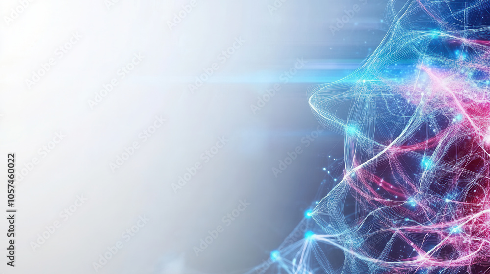 Poster abstract digital background featuring vibrant lines and glowing particles, creating sense of motion 