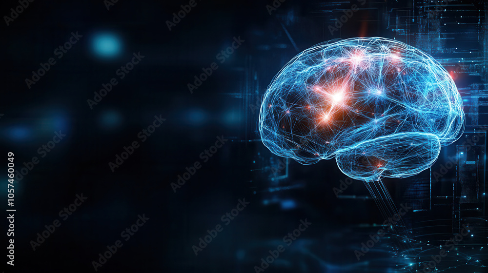Poster digital representation of brain with glowing neural connections, symbolizing intelligence and techno